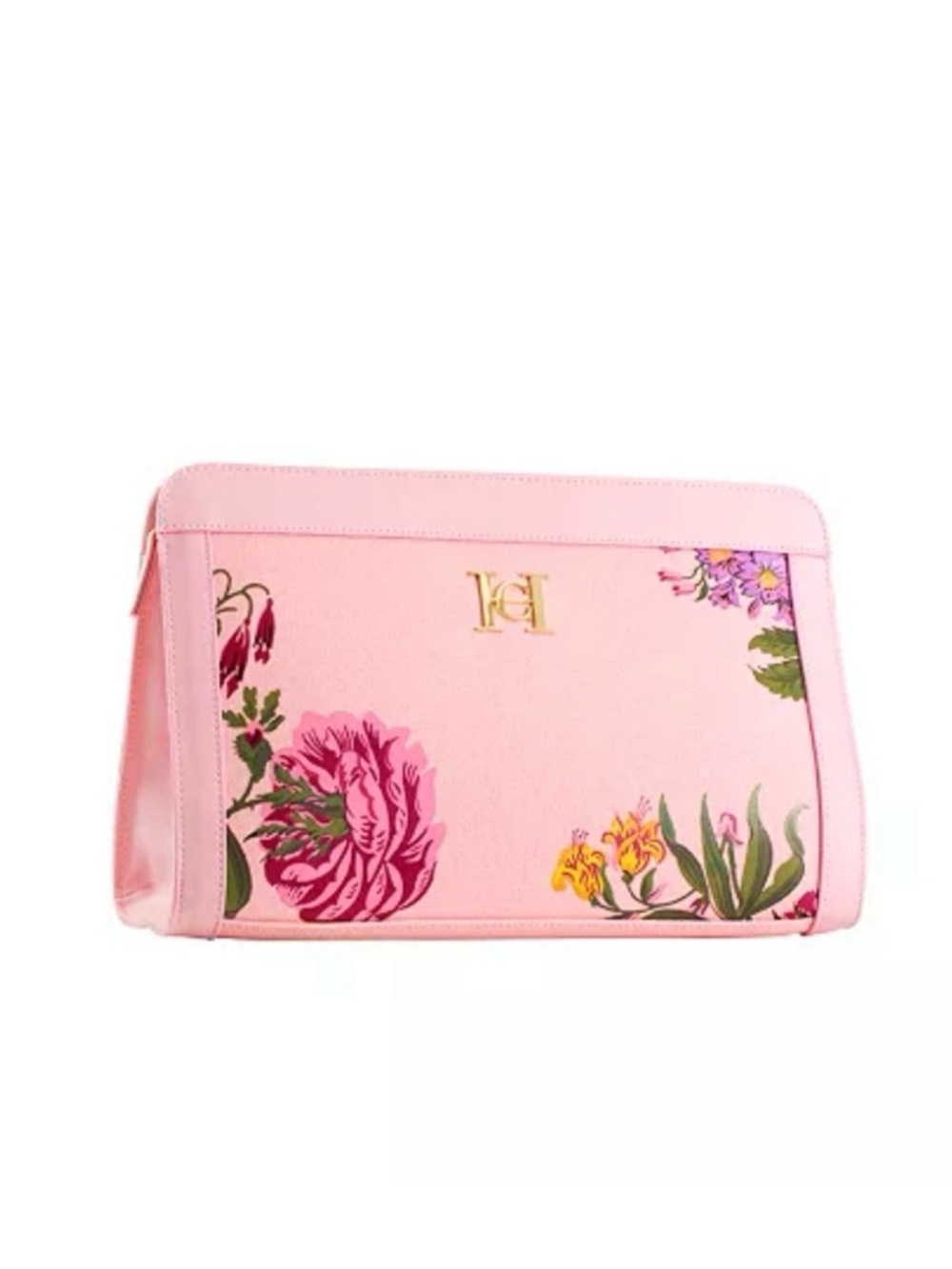Carolina Herrera Pink Floral Cosmetic Pouch with Gold Logo